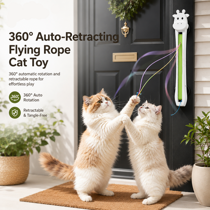 Two cats chasing the ropes of the Noblias automatic cat teaser toy, which rotates a full circle and retracts the rope.