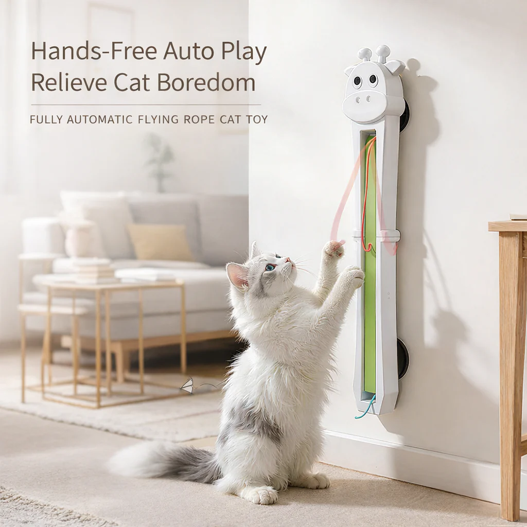 Wall mounted Noblias automatic flying rope cat teaser toy keeping a cat busy with hands free play.