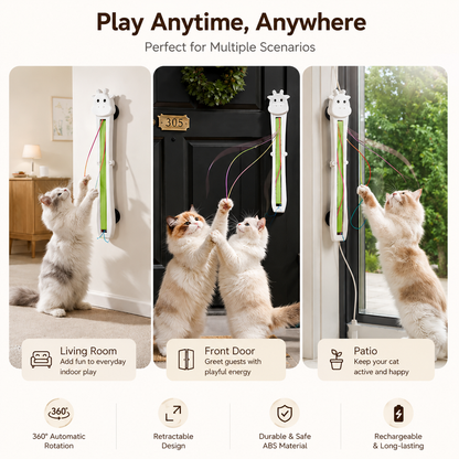 The Noblias automatic cat teaser toy mounted in a living room, on a front door and beside a patio window with cats playing.
