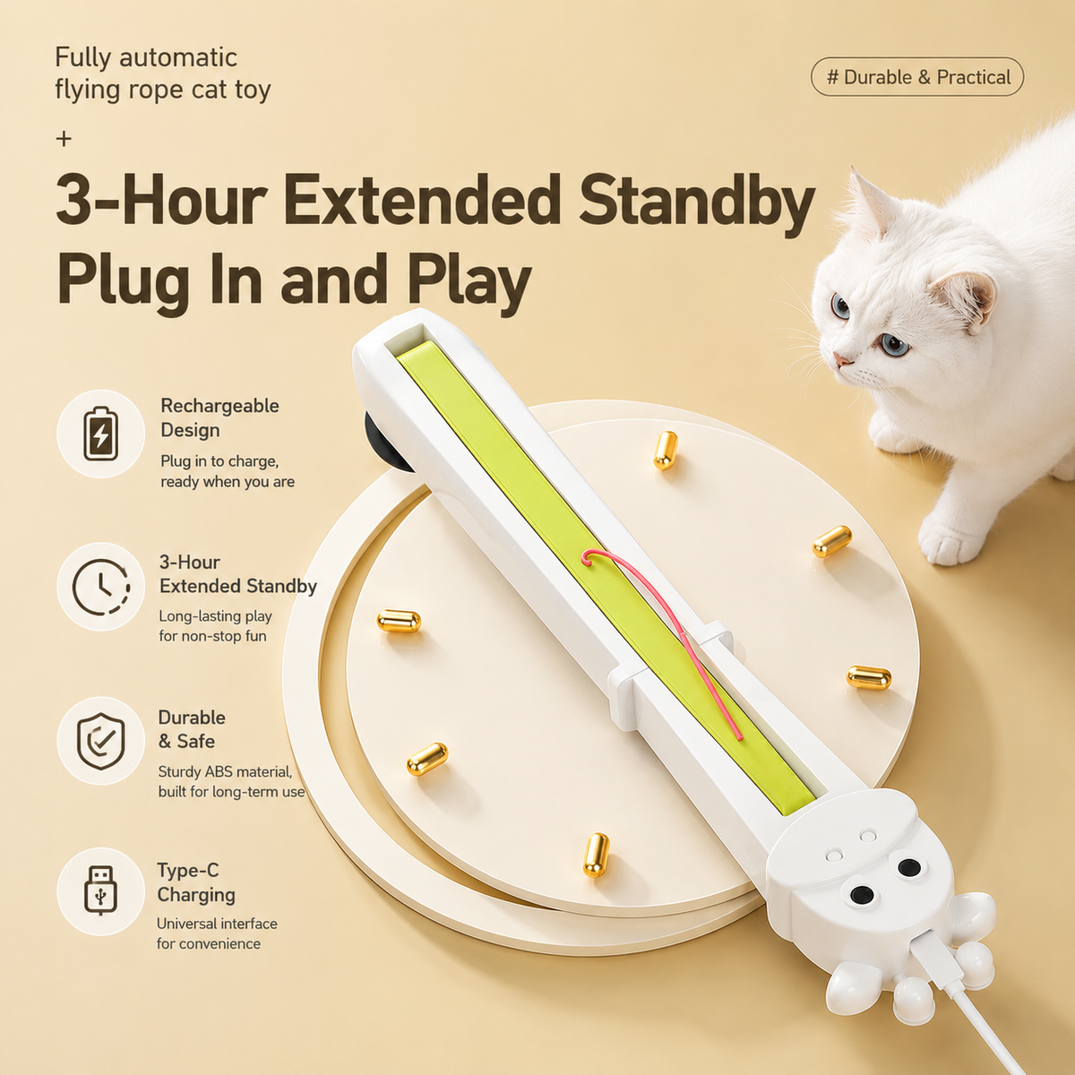 The Noblias automatic cat teaser toy shown with its rechargeable battery and three hour standby time.