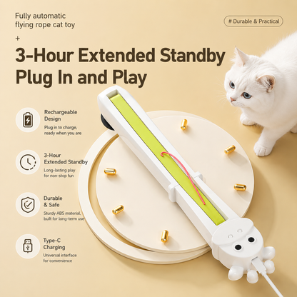 The Noblias automatic cat teaser toy shown with its rechargeable battery and three hour standby time.