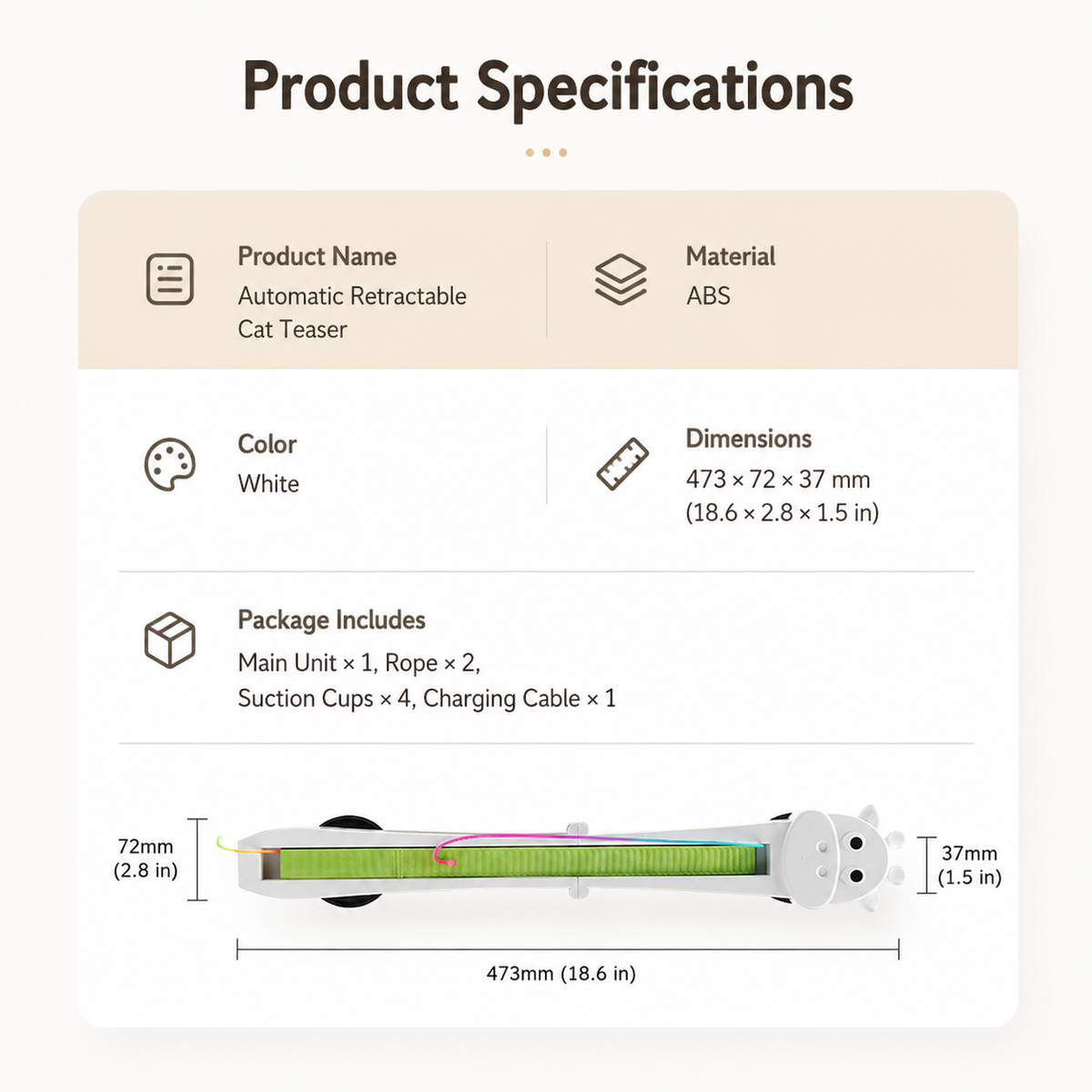 Specifications for the Noblias automatic cat teaser toy: white ABS body, 473 by 72 by 37 mm, with two ropes, four suction cups and a charging cable.