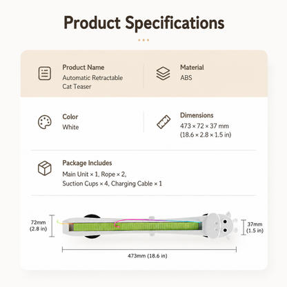 Specifications for the Noblias automatic cat teaser toy: white ABS body, 473 by 72 by 37 mm, with two ropes, four suction cups and a charging cable.