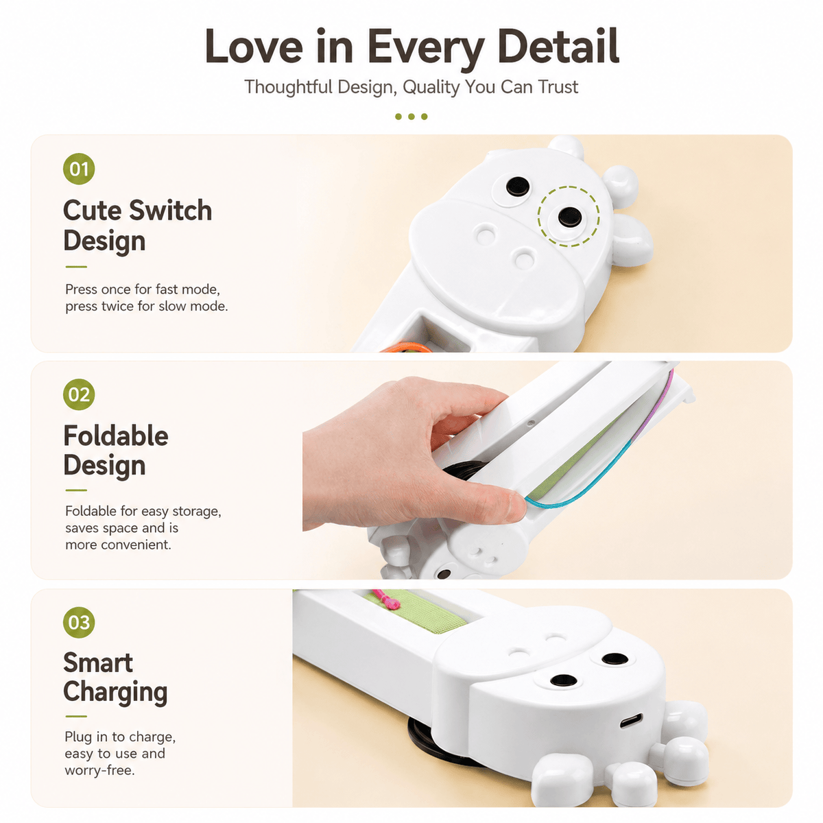 Close ups of the Noblias automatic cat teaser toy showing the two speed switch, the foldable body and the charging port.