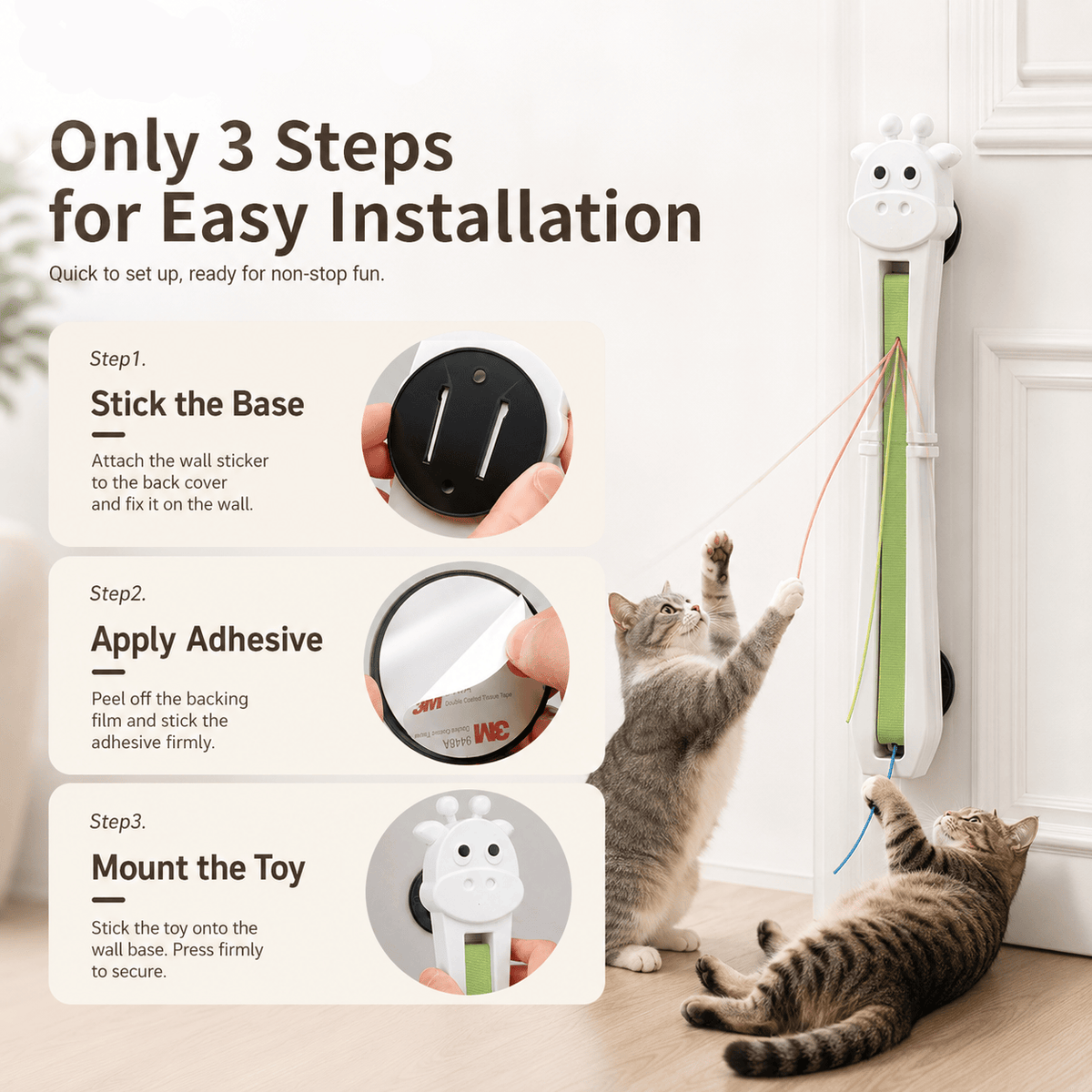 Three step installation of the Noblias automatic cat teaser toy: stick the base, apply the adhesive and mount the toy.