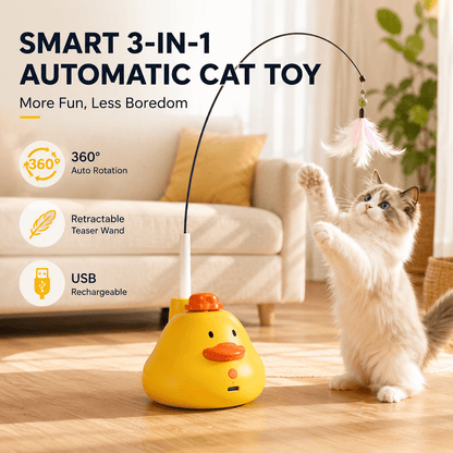 Ragdoll cat jumping at the pink feather wand, with 360 auto rotation, retractable wand and USB rechargeable callouts