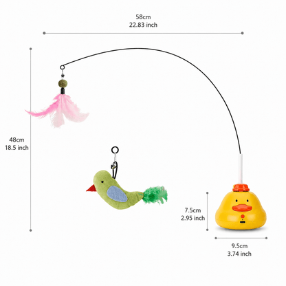 Duck teaser toy with green bird attachment and its wand reach, height and base size marked