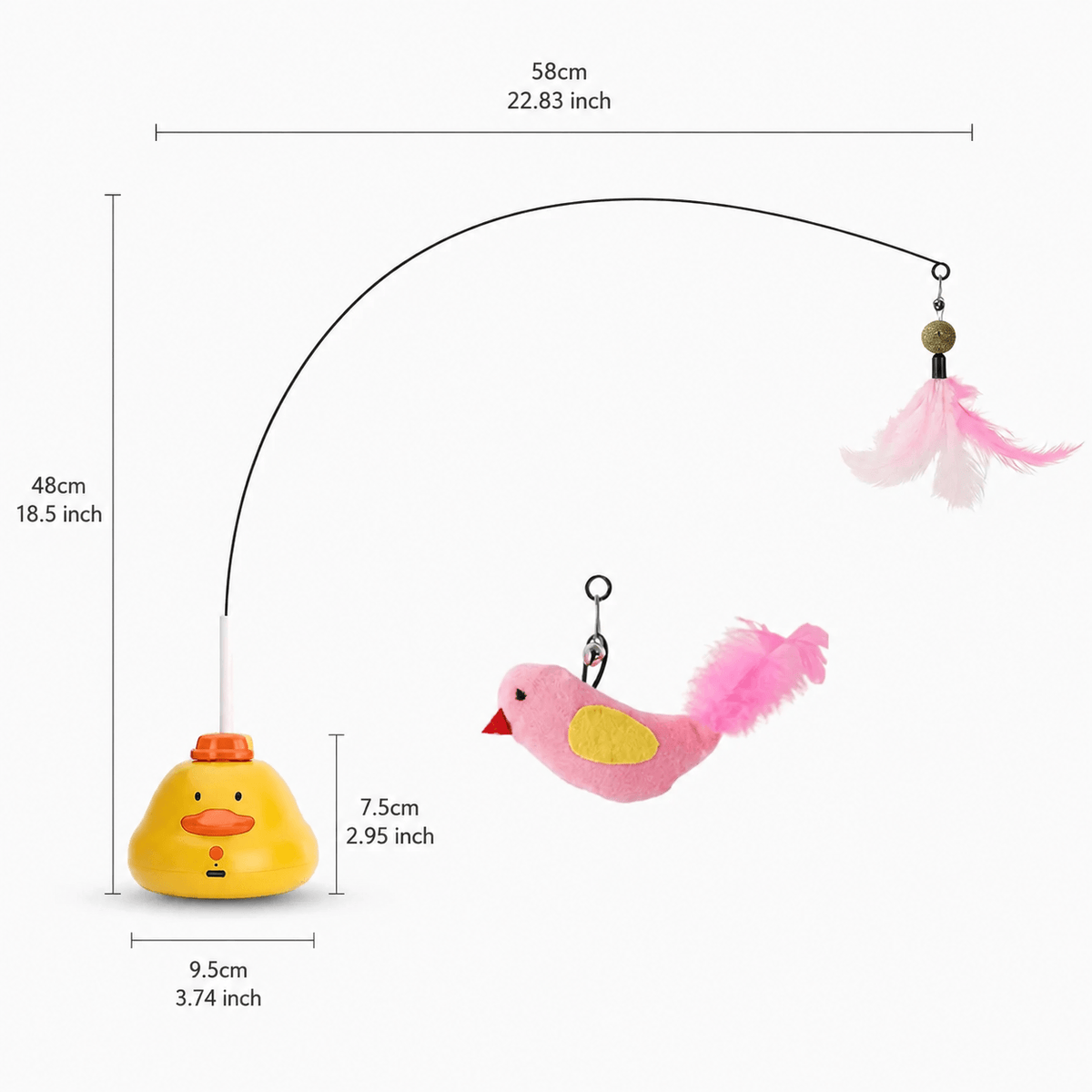 Duck teaser toy with pink bird attachment and its wand reach, height and base size marked