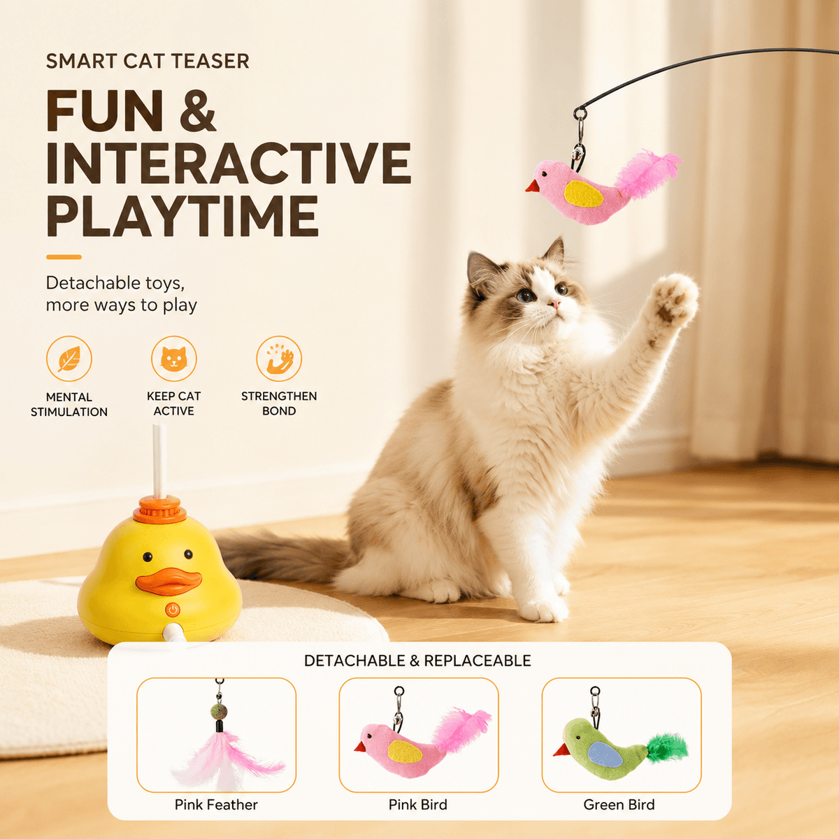 Cat reaching for the pink bird teaser, with the detachable and replaceable pink feather, pink bird and green bird attachments shown