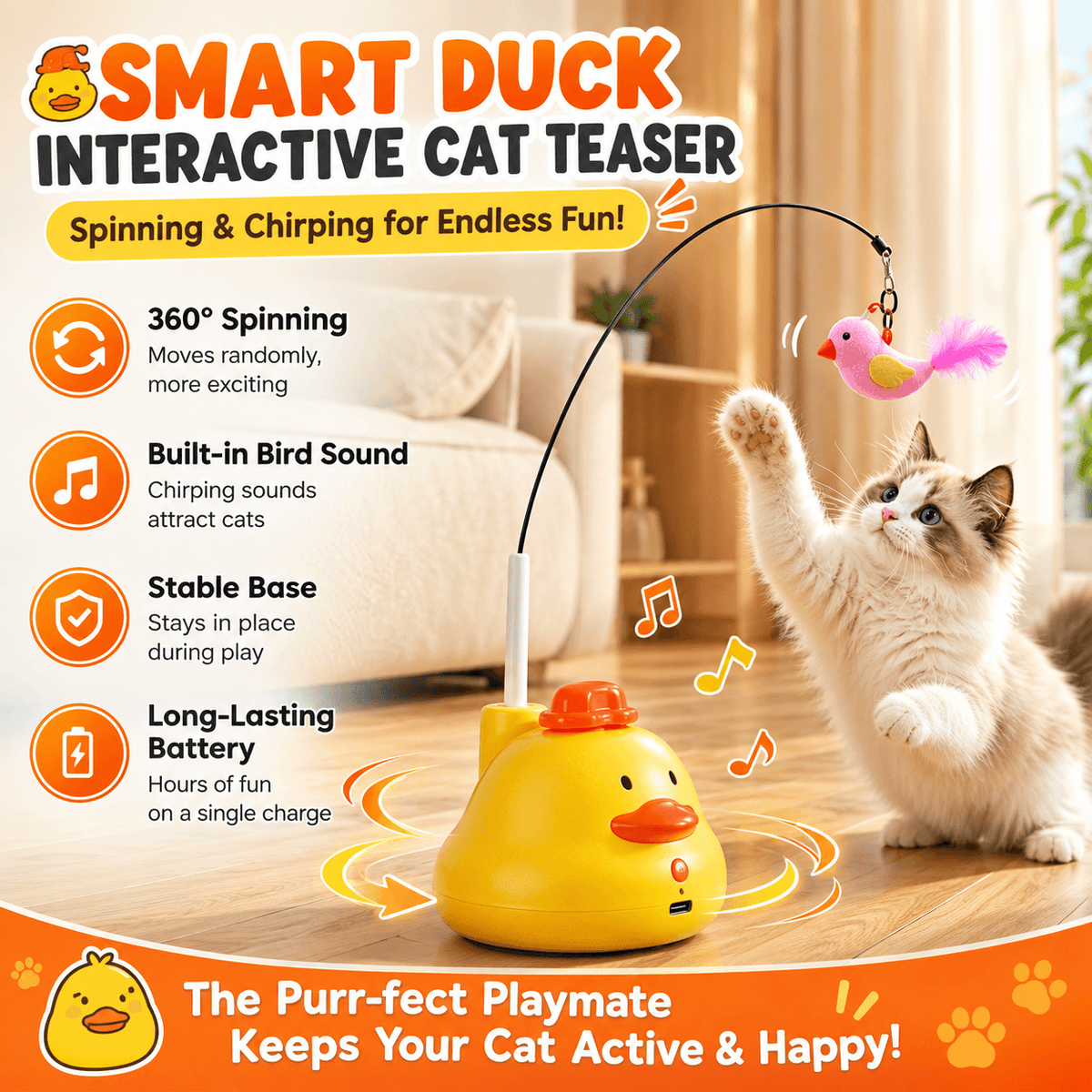 Ragdoll cat batting at the pink bird teaser, with 360 spinning, built-in bird sound, stable base and long-lasting battery callouts