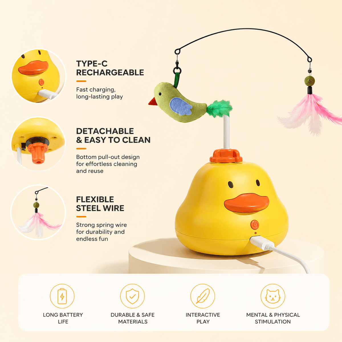 Duck teaser toy with Type-C rechargeable, detachable easy-to-clean and flexible steel wire callouts, pink and green bird teasers shown