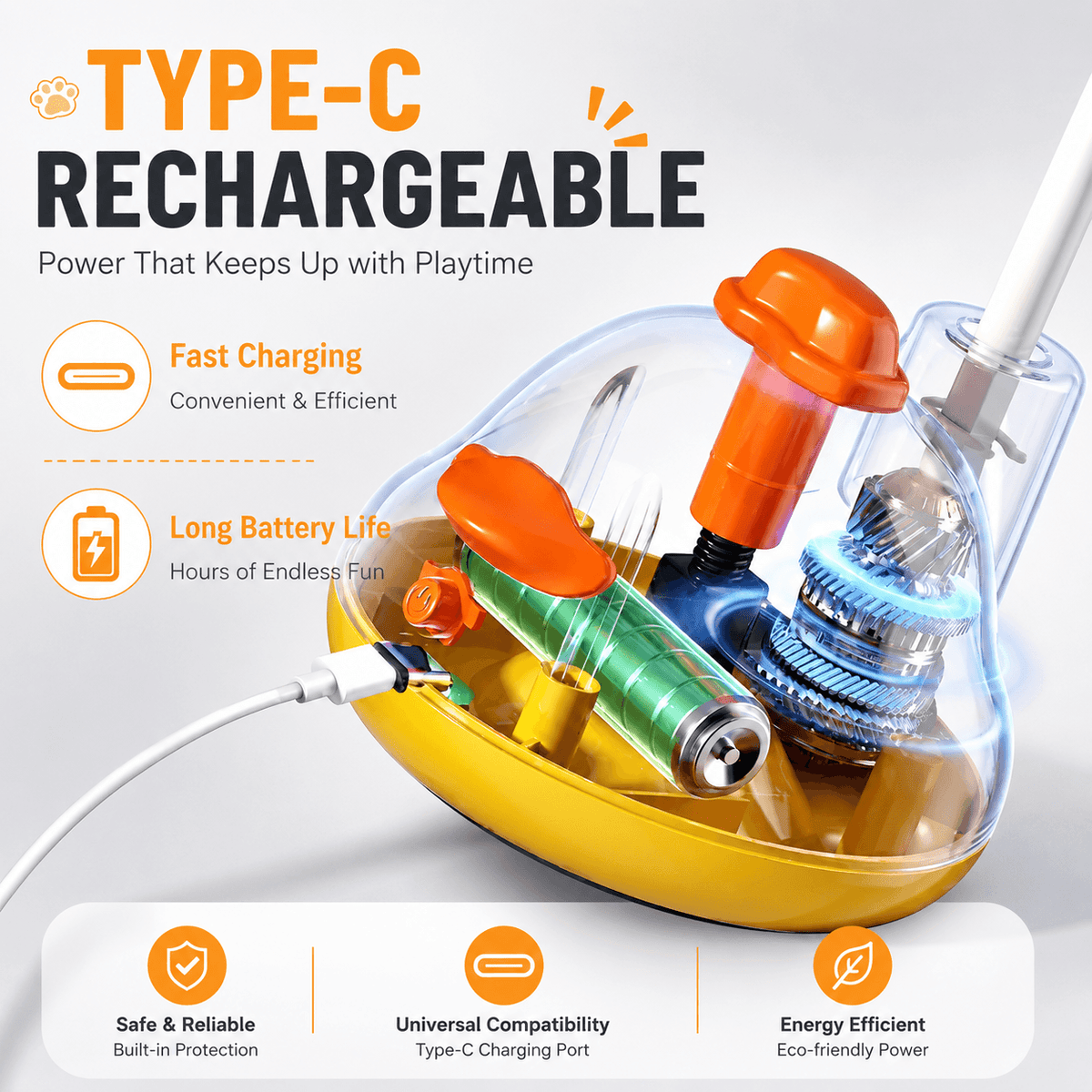 Cutaway of the duck teaser toy showing the internal battery and motor, with fast charging and long battery life callouts