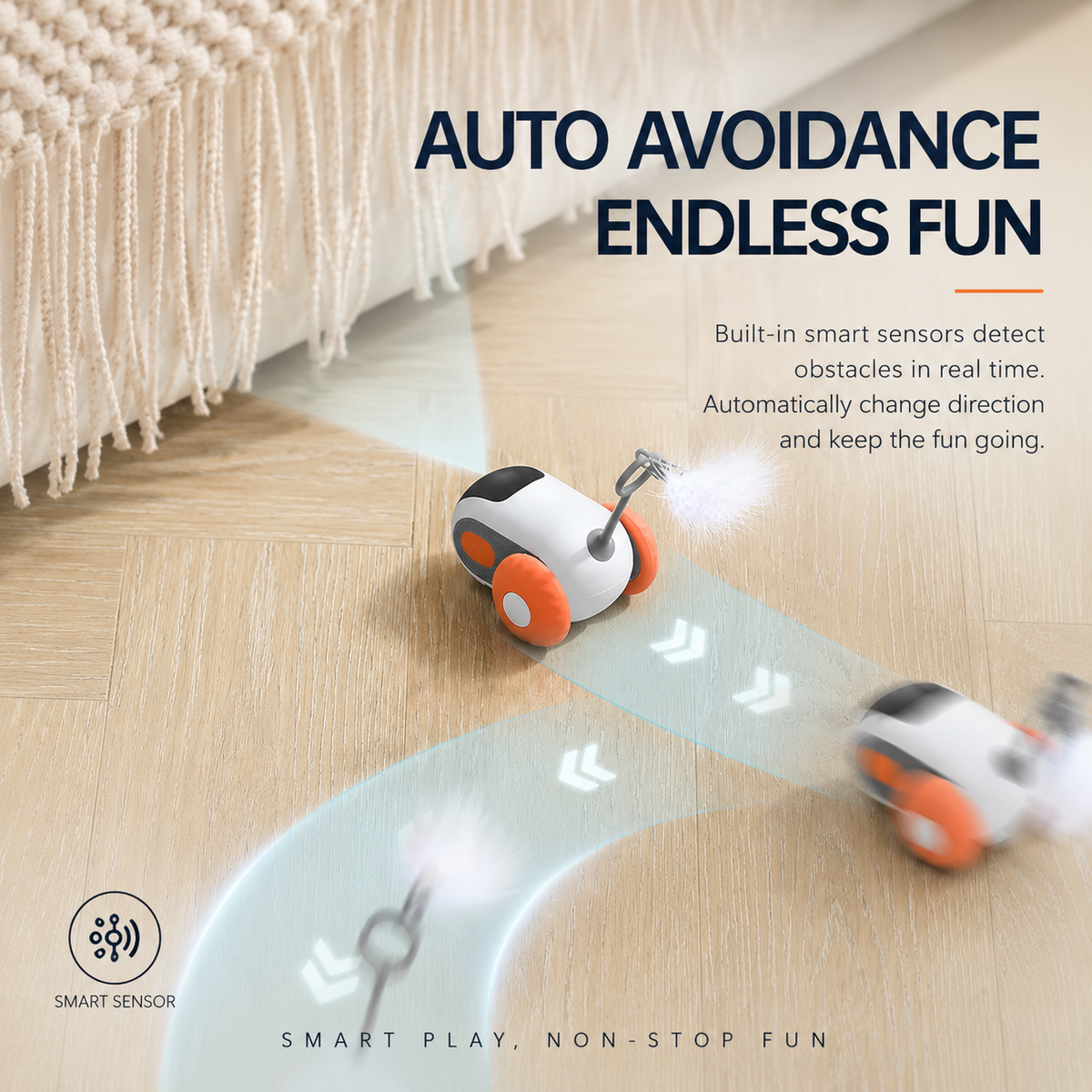 Automatic cat toy car turning away from a sofa edge on a wood floor, captioned auto avoidance, endless fun.
