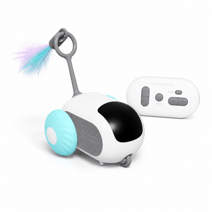 Blue automatic cat toy car with a feather tail and its white remote control.