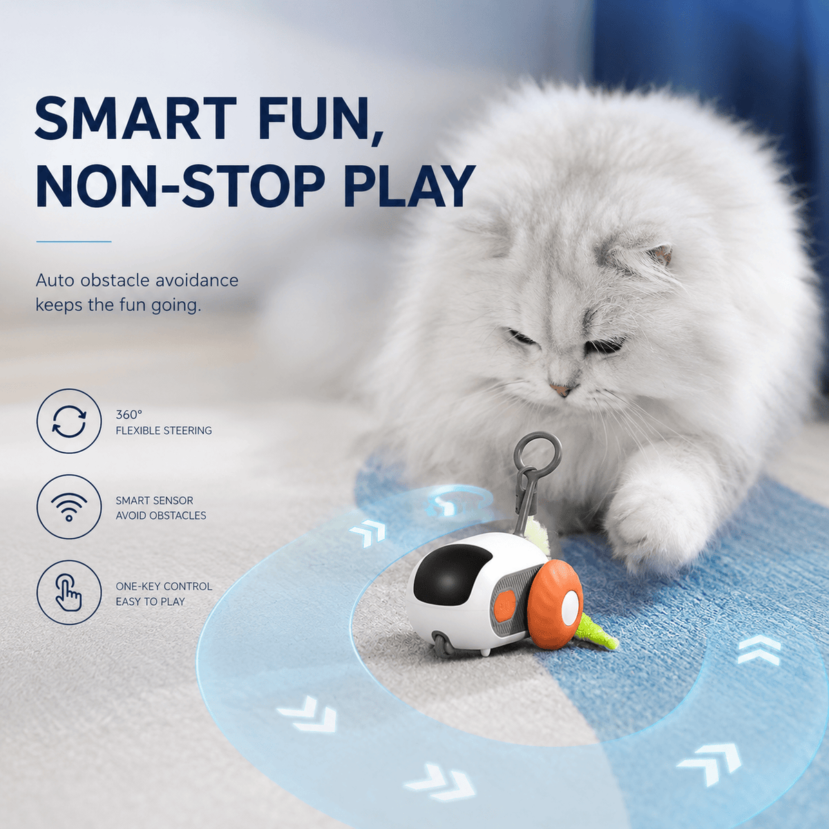 White cat watching the orange automatic cat toy car, with icons for auto obstacle avoidance, 360 degree steering, smart sensor and one-key control.