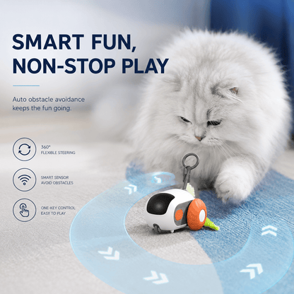 White cat watching the orange automatic cat toy car, with icons for auto obstacle avoidance, 360 degree steering, smart sensor and one-key control.