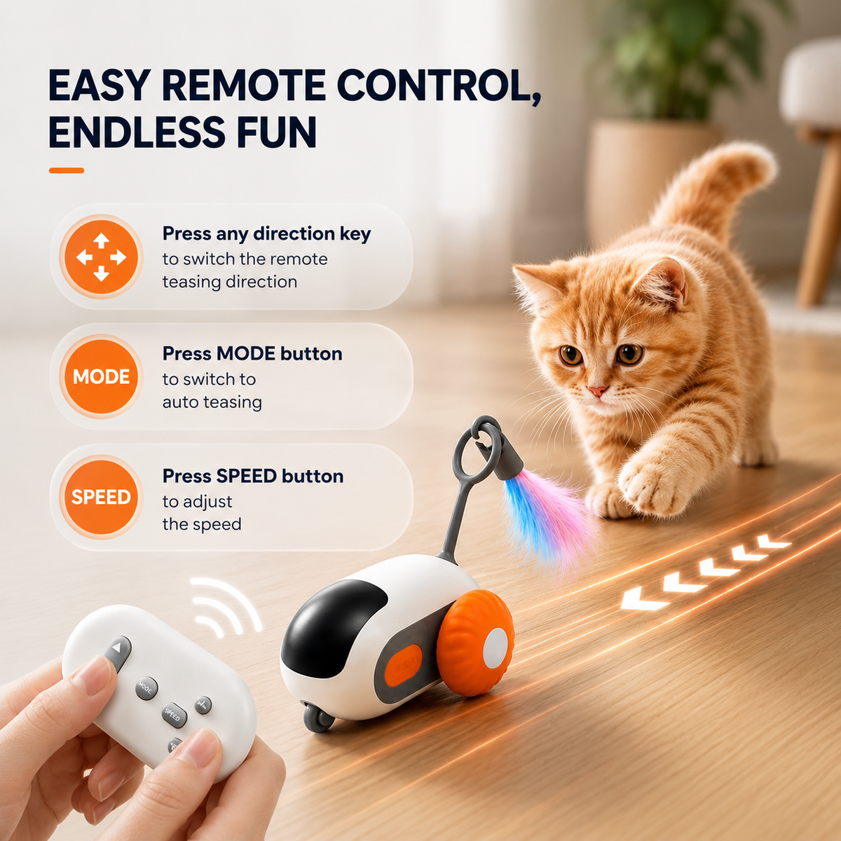 Hand holding the white remote of the automatic cat toy car while an orange cat chases it, with the direction, mode and speed buttons explained.