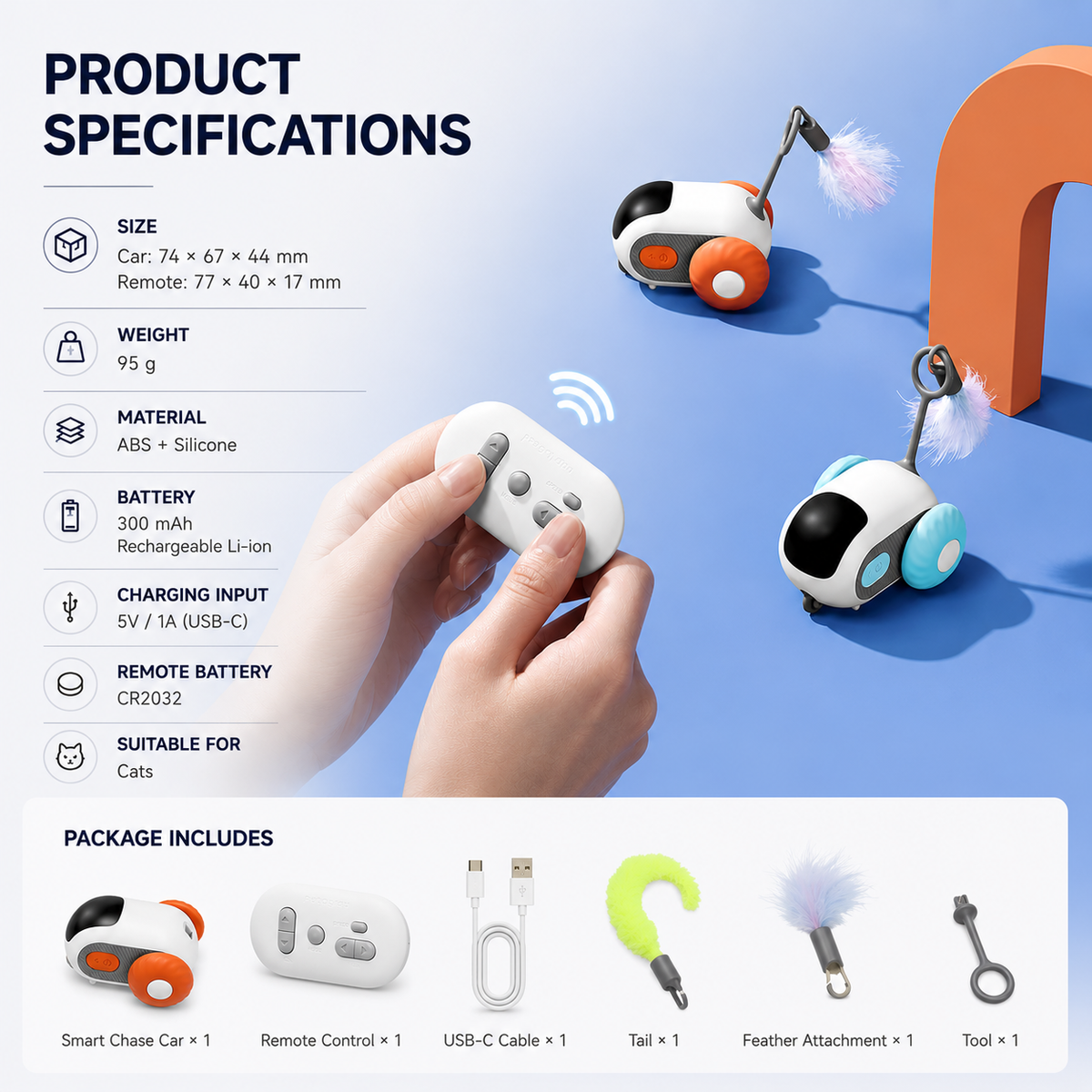 Specification panel for the automatic cat toy car with size, weight, battery, charging input and the package contents laid out.