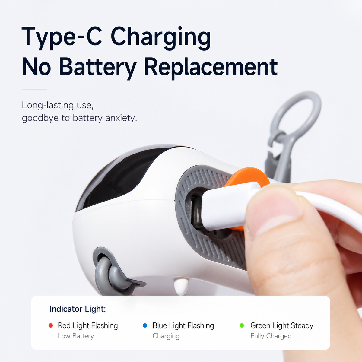 Type-C cable plugged into the automatic cat toy car, with the red, blue and green indicator light states explained.