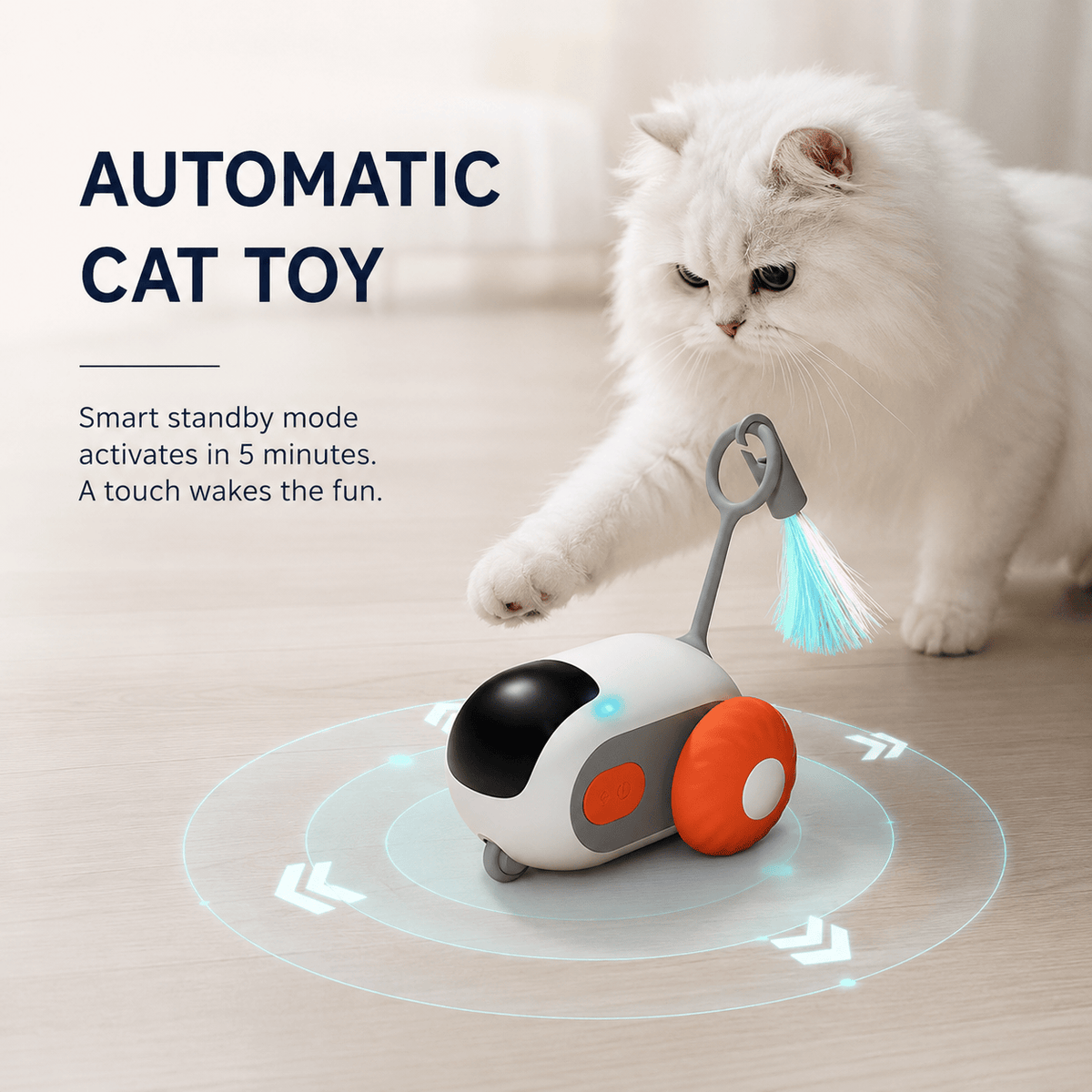 White cat pawing at the orange automatic cat toy car with a feather tail, captioned that standby mode activates in five minutes and a touch wakes it.