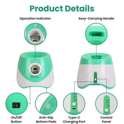 Product details of the launcher: operation indicator, carry handle, on and off button, anti-slip base pads, USB-C charging port and distance control panel
