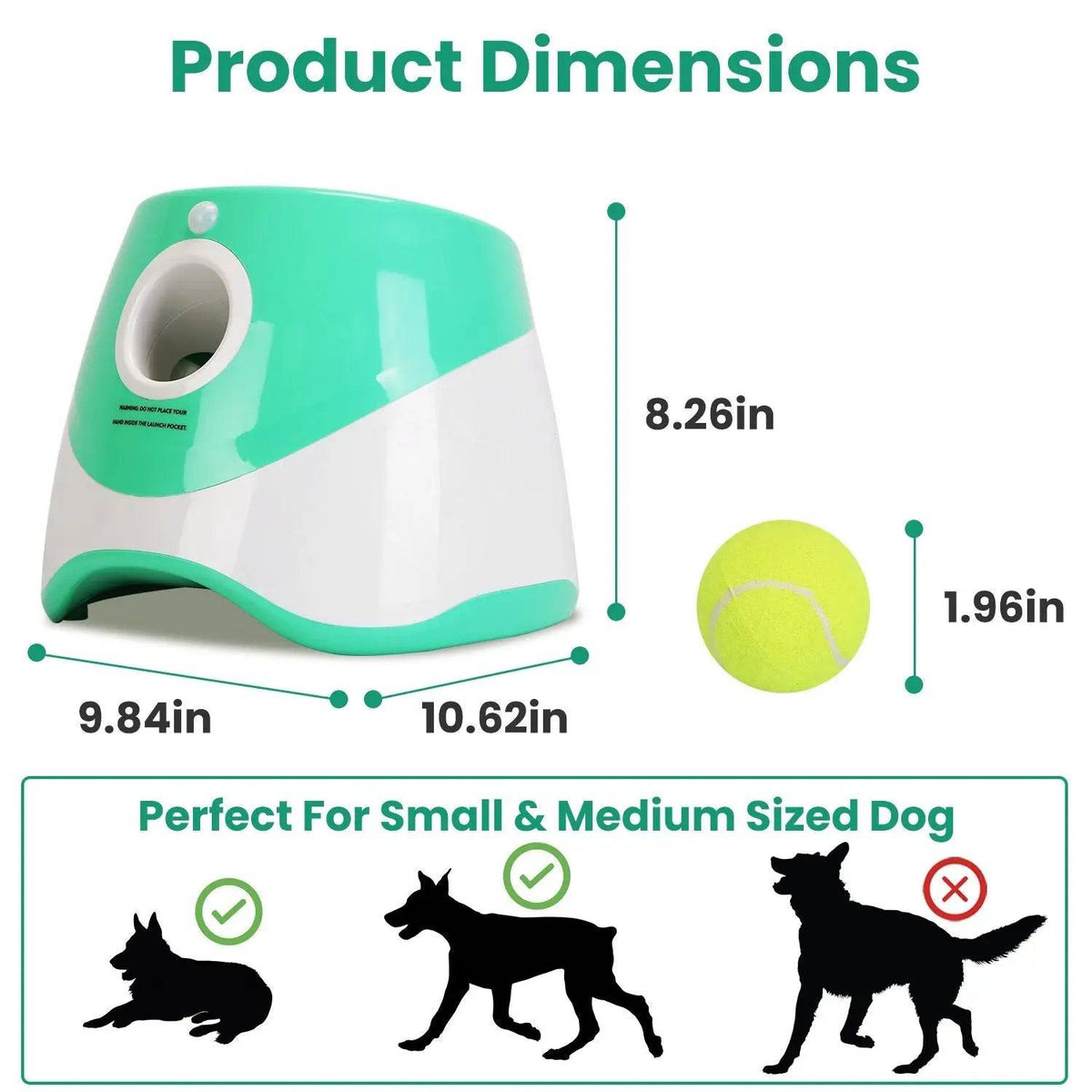 Dimension diagram of the automatic dog ball launcher and the tennis ball size, with small and medium dog silhouettes
