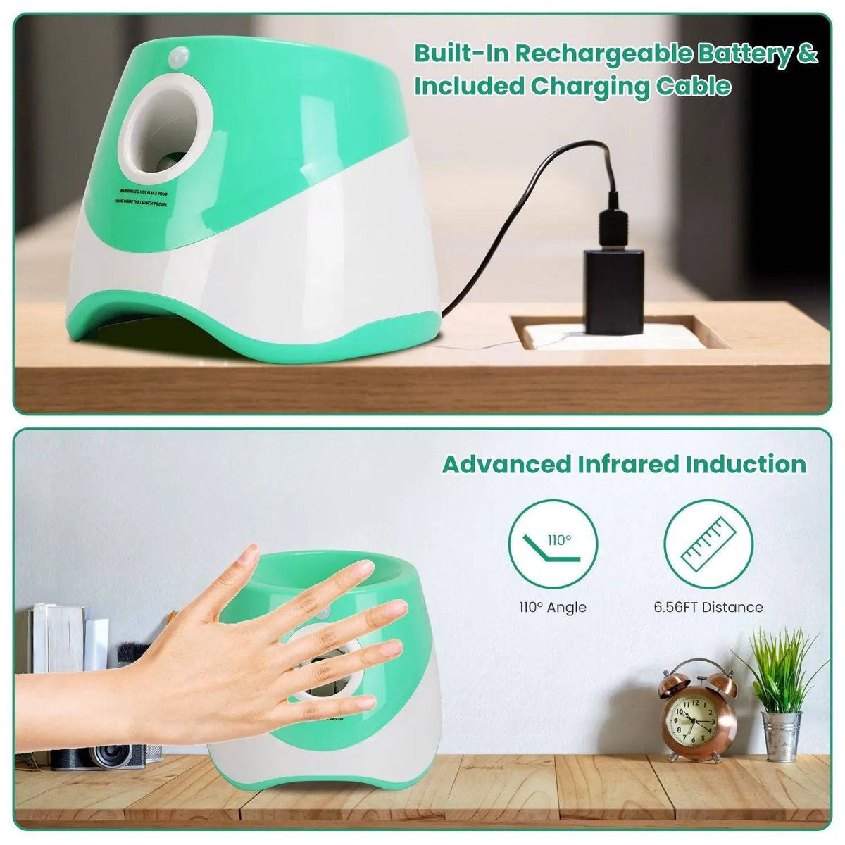 The launcher charging by USB-C cable on a desk, and a hand dropping a ball into the chute to trigger the infrared sensor