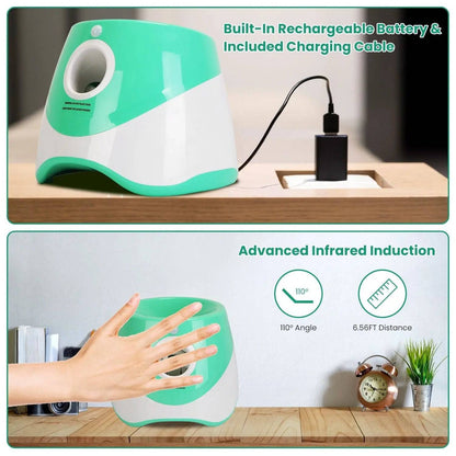The launcher charging by USB-C cable on a desk, and a hand dropping a ball into the chute to trigger the infrared sensor