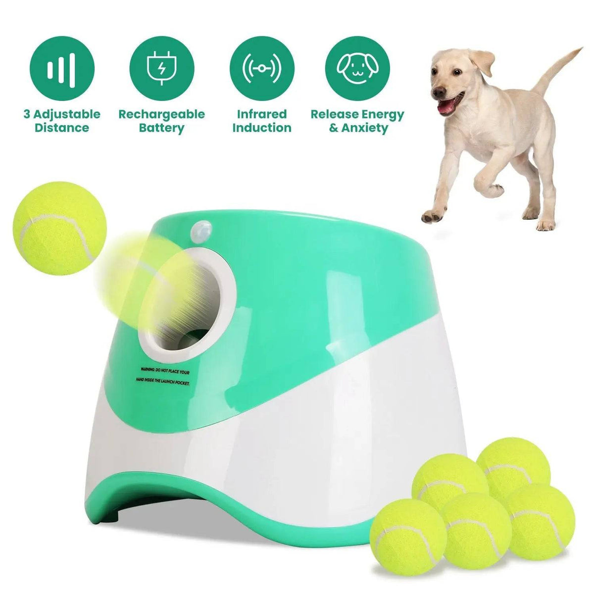 Noblias automatic dog ball launcher in green and white firing a tennis ball, with six mini tennis balls beside it and icons for adjustable distance, rechargeable battery and infrared induction