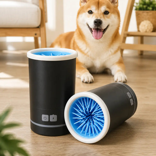 Black Noblias automatic dog paw cleaner cup standing upright and lying on its side to show the blue silicone brushes inside.
