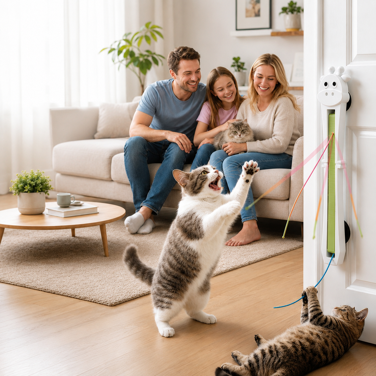 Cat reaching up to play with the wall mounted Noblias automatic flying rope cat teaser toy in a living room.