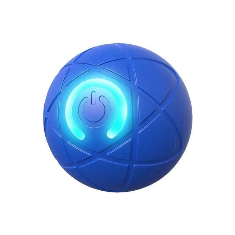 Close-up of the blue automatic moving dog ball with the LED power ring glowing