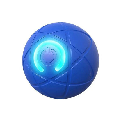 Close-up of the blue automatic moving dog ball with the LED power ring glowing
