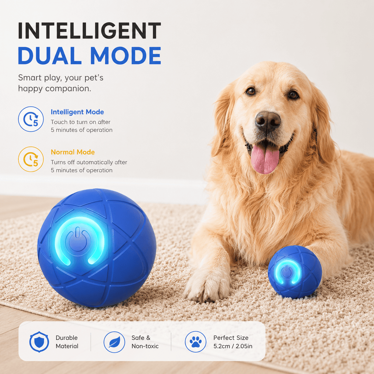 Golden Retriever lying with two of the moving balls, with intelligent mode and normal mode explained and durable, non-toxic and perfect size badges