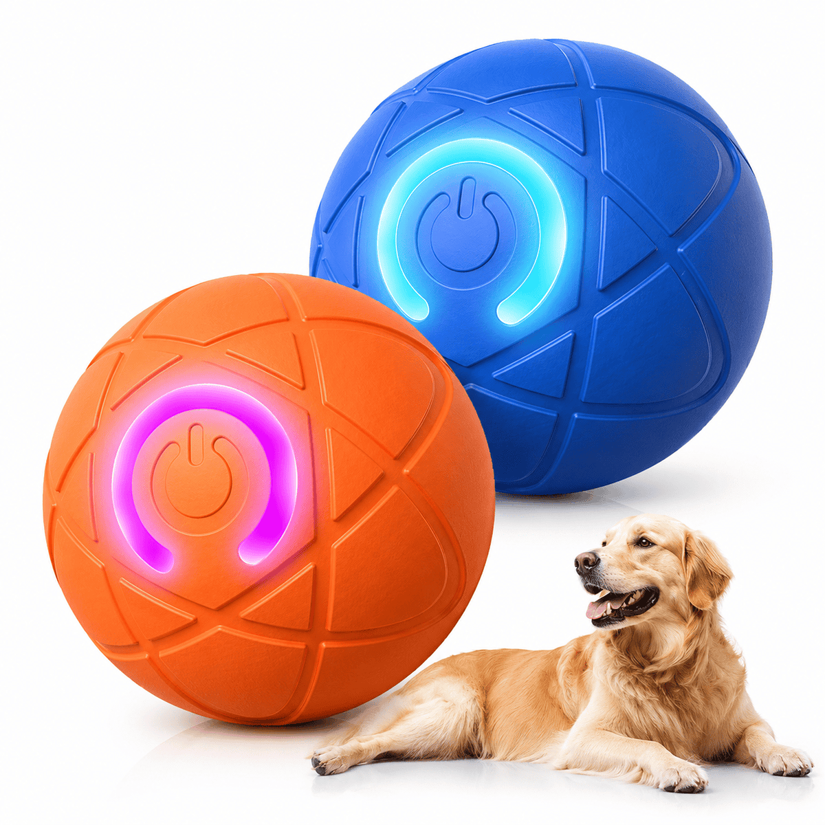 Noblias automatic moving dog ball in blue and orange with the LED ring lit, and a Golden Retriever watching in the background
