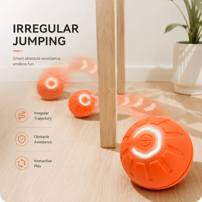 Orange ball bouncing around a table leg on a wooden floor, showing its irregular jumping trajectory and obstacle avoidance