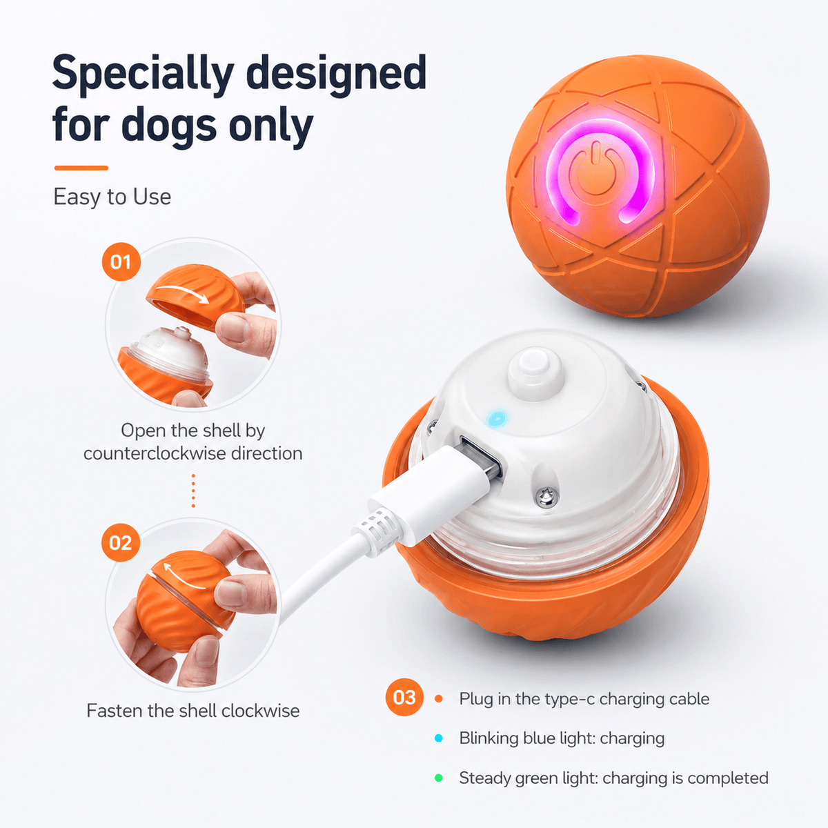 Three steps to charge the orange ball: open the shell counterclockwise, plug in the USB-C cable, fasten the shell clockwise, with blue blinking and green steady light notes