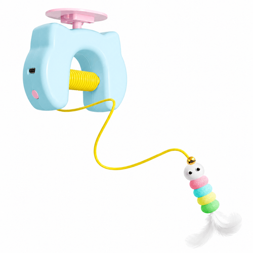 The blue Noblias automatic yo-yo cat toy with its ceiling mount, coiled spring body and beaded feather teaser on an elastic rope.