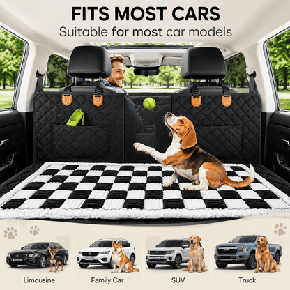 The Noblias back seat dog bed mat shown fitting a sedan, a family car, an SUV and a truck.