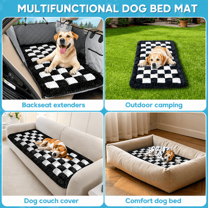 The Noblias back seat dog bed mat used four ways, on a seat extender, outdoors camping, as a couch cover and as a floor bed.