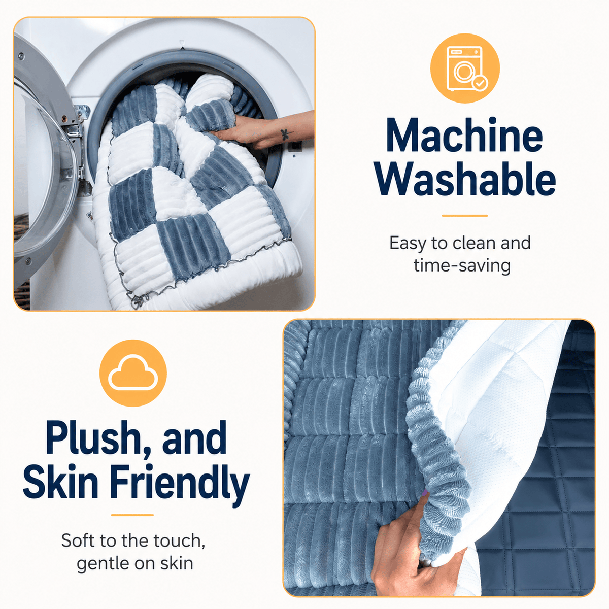 The Noblias back seat dog bed mat going into a washing machine, alongside a close view of its plush surface.