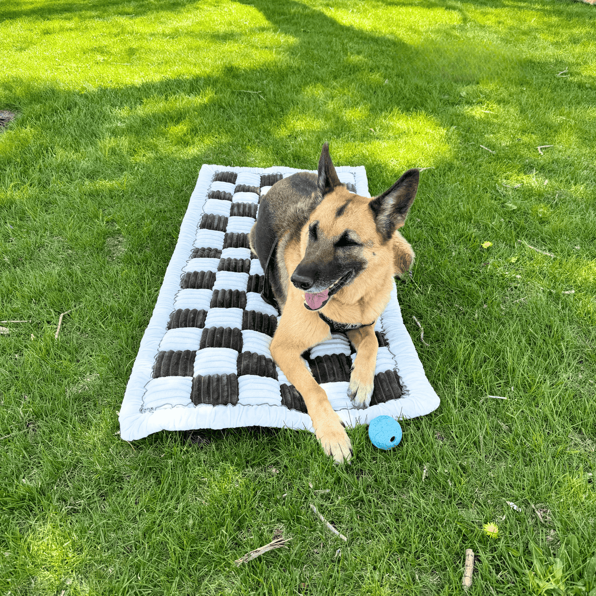 A german shepherd resting on the Noblias dog bed mat laid on grass with a tennis ball beside him.