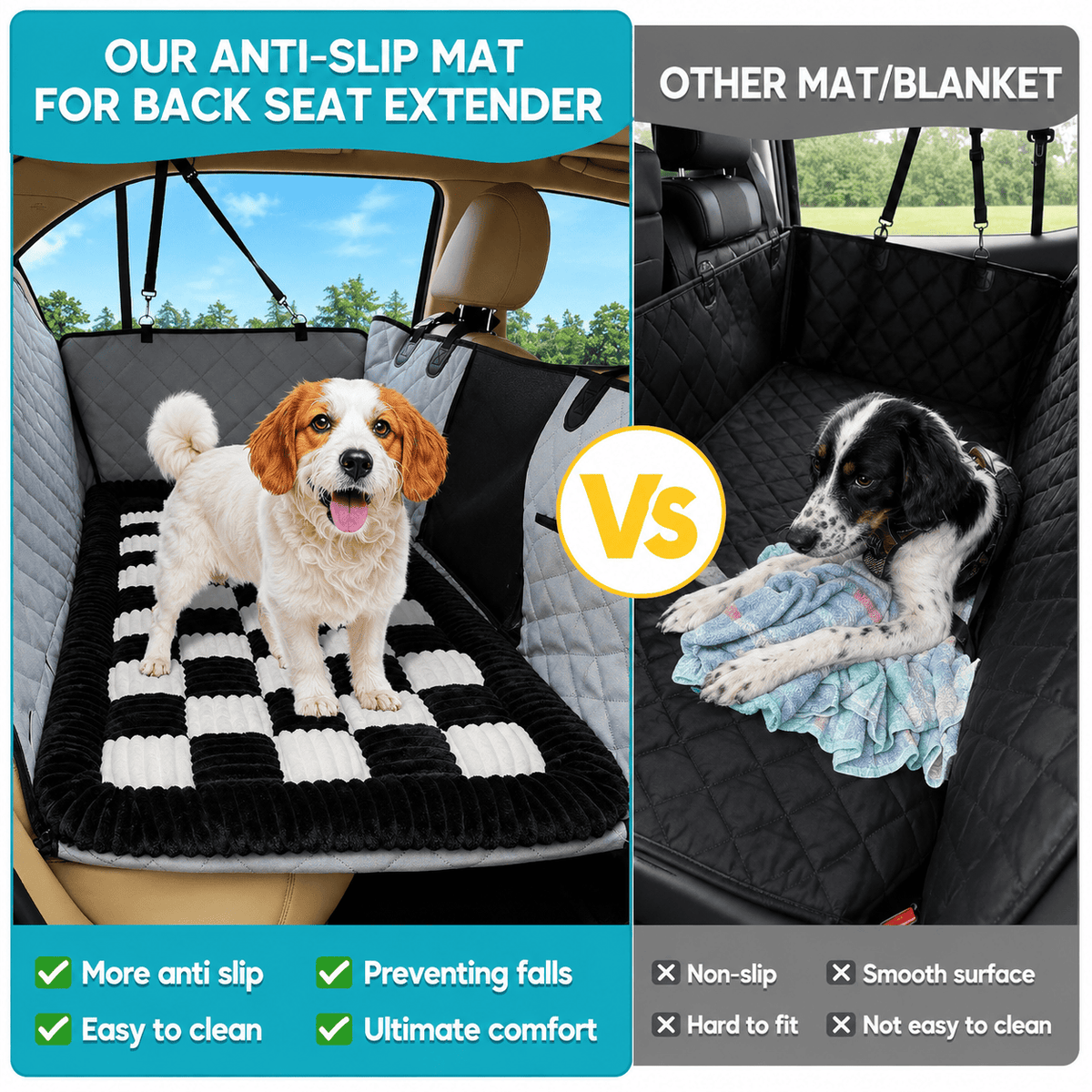 The Noblias back seat dog bed mat compared with an ordinary blanket, one gripping the seat and the other sliding.