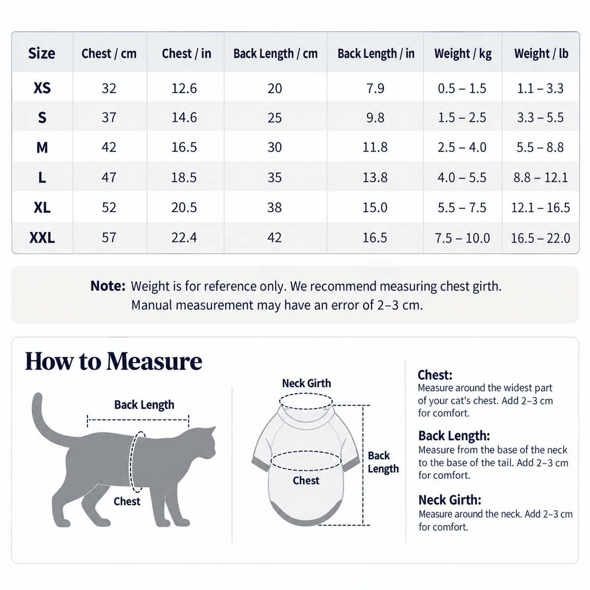 Size chart for the bee costume hoodie from XS to XXL with chest, back length and weight, plus how to measure.