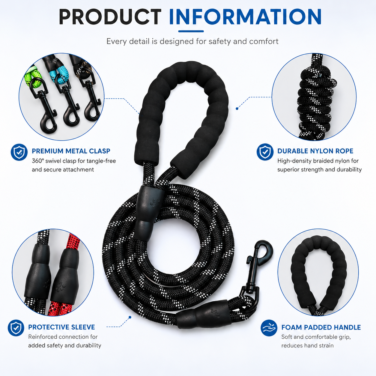 Black reflective nylon dog leash with soft padded handle by Noblias, 1.5 meters long, designed for comfortable walking.