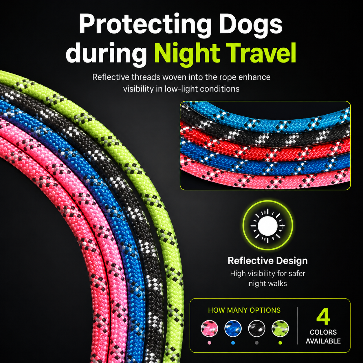 Noblias reflective nylon dog leash with soft padded handle, black color, 1.5 meters long for comfortable walks