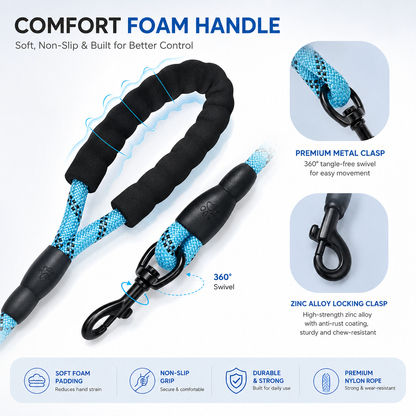 Black reflective nylon dog leash by Noblias with a soft padded handle, 1.5 meters long for comfortable walks.
