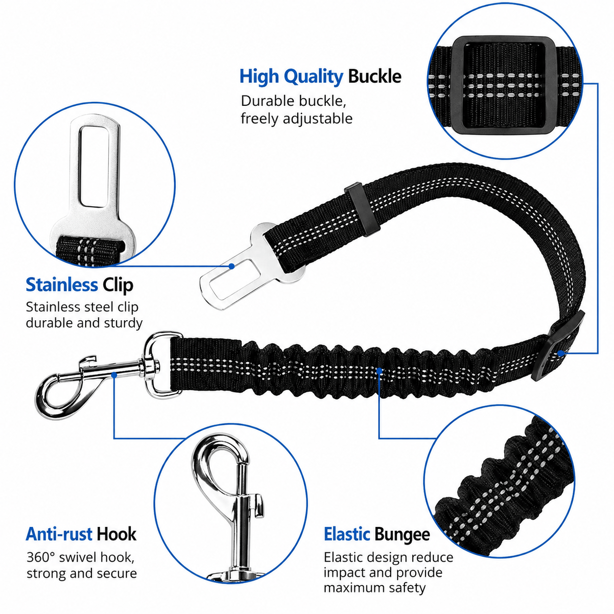 Black Noblias dog seat belt, shockproof and adjustable car safety leash for secure pet travel in vehicles.