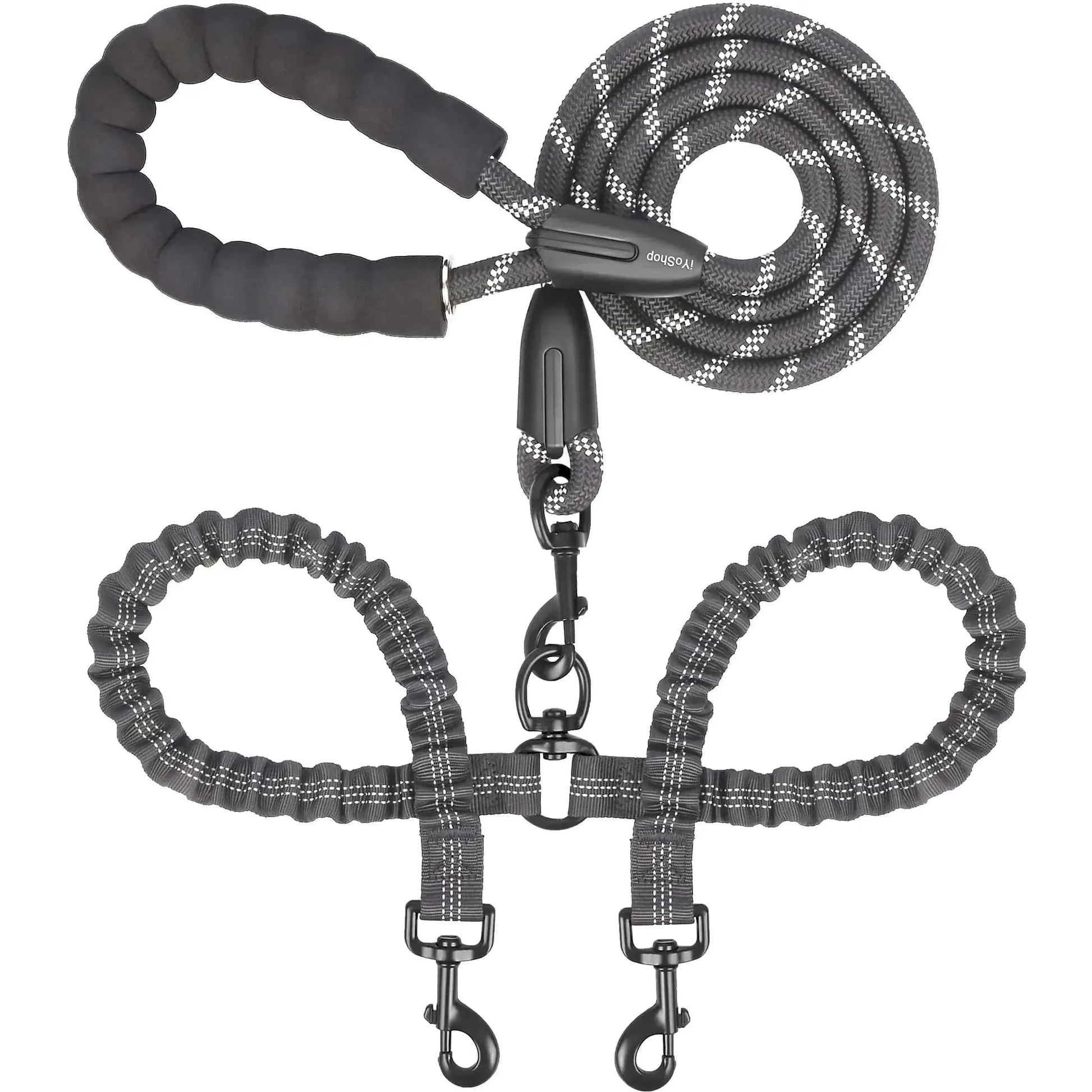 Black Noblias dual dog leash with no-tangle 360° swivel and bungee feature for walking two dogs comfortably.