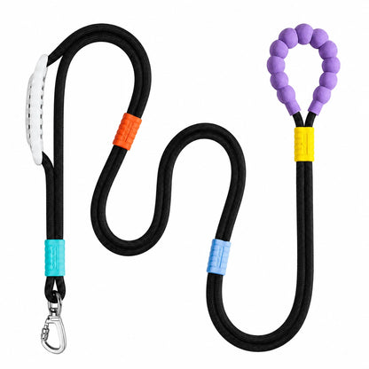The black Noblias hands free dog leash laid out, showing the silicone beaded loop, the padded control grip and the metal swivel clip.